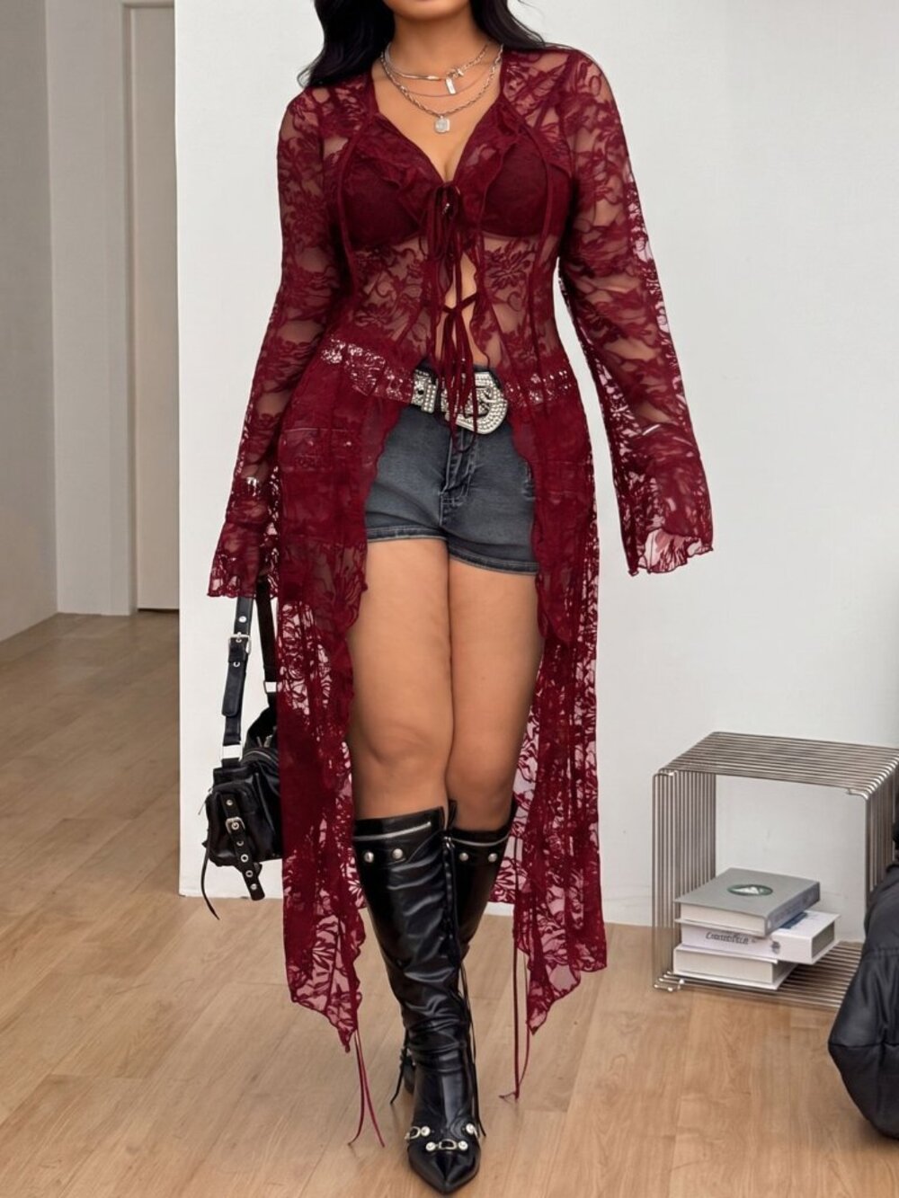 Burgundy Sexy Women's Elegant V Neck Long Coat